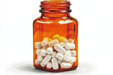 Amber glass bottle filled with white pills isolated on a white background.