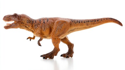 replica. T-Rex figurine isolated on white with dramatic lighting, showcasing detailed textures and fierce presence. wildlife magazines, conservation campaigns, designed for eco-tourism storytelling.
