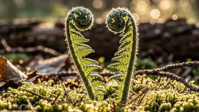 Delicate fern unfurling its fronds in a sun-dappled forest floor, showcasing new growth and the beauty of nature.