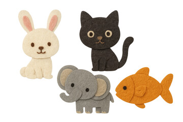 Obraz premium Cute felt animals, including a rabbit, cat, elephant, and fish. These handmade figures are ideal for children's crafts and designs
