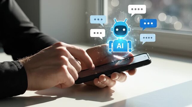 Person uses smartphone with holographic AI chatbot floating above screen. Hands type on phone showing AI robot with chat bubbles. Person interacts with chatbot on smartphone displaying AI assistant.