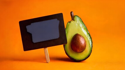 Fresh Avocado Half with Blank Chalkboard Label on Vibrant Orange Background