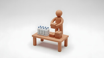Fototapeta premium A meticulously crafted clay figure engaged in the process of organizing products. The figure stands at a miniature table, arranging a selection of products.