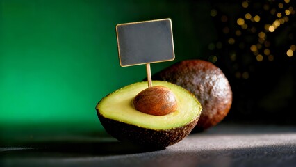 Fresh Avocado Half with Blank Chalkboard Label: Green Background & Golden Bokeh