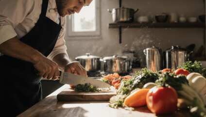 Chef preparing fresh vegetables in a rustic kitchen with natural light.