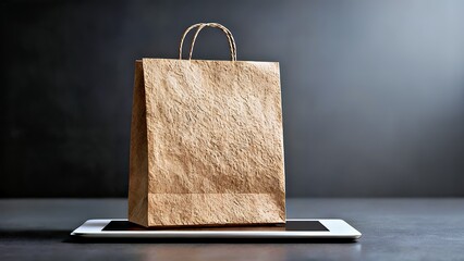 Eco-Friendly Paper Shopping Bag on Digital Tablet: Sustainable Retail Trend