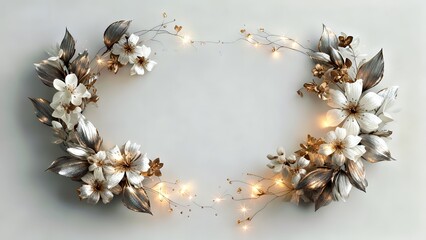 Lunar Bloom Wreath: Silver Gold Floral Garland with Sparkling Fairy Lights