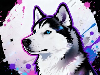 Neon Splatter Husky: Vibrant Canine Art with Blue Eyes