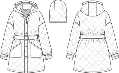 Technical fashion illustration of quilted winter parka coat, front back views with hood and belt, apparel design flat vector blueprint for clothing manufacturing presentation © Shammi's World