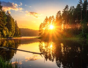 Serene Sunset Over Still Lake and Forest.