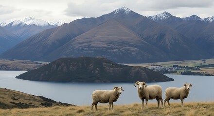 Sheep Grazing Scenic Mountain Lake Landscape.
