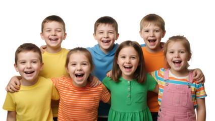 A group of happy children and smiling kids enjoy childhood fun together with their family and friends as a team of boys and girls filled with love and happiness