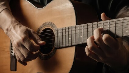 Close up of hands playing acoustic guitar, musical instrument.