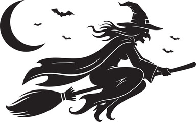 Flying Witch on Broom Silhouette Set &ndash; Halloween Magic Black Vector Icons on White Background.