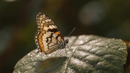 Close-up of a beautiful butterfly with intricate wing patterns resting on a green leaf in natural light.