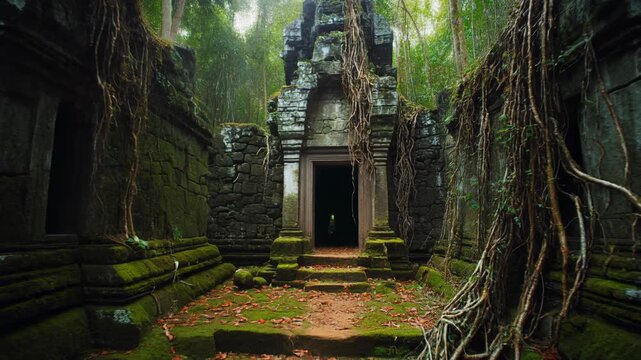 Ancient jungle temple entrance overgrown with vines mossy stone ruins mysterious sacred place