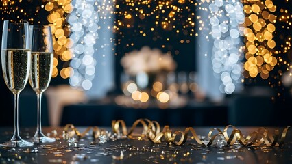 Celebratory champagne glasses on a luxurious table setting with golden decorations and sparkling lights in the background