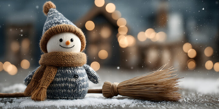 Freundlicher wei&szlig;er Weihnachts-Winterhintergrund mit l&auml;chelndem Schneemann, Schal, Hut und Besen, fallendem Schnee und unscharfem Bokeh &ndash; festliche Gru&szlig;karten-Szene mit viel Copy Space