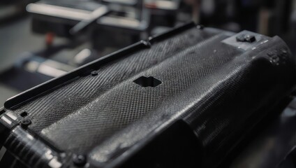 Close-up of a textured metal surface, possibly part of an industrial machine or vehicle component, with a dark, worn appearance.