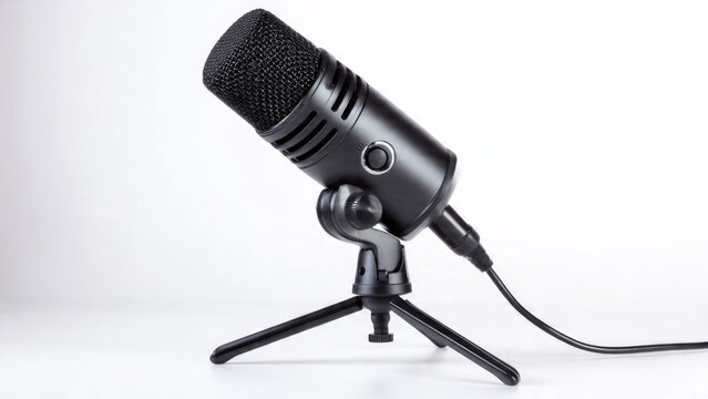Black microphone on a white background.