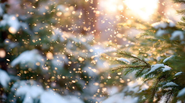 Stark unscharfer wei&szlig;er Winter-Hintergrund mit leuchtendem Glanz, Sonnenlicht, Schneeflocken und schneebedeckten Tannenzweigen &ndash; festliche Weihnachts- und Neujahrsstimmung mit viel Freiraum