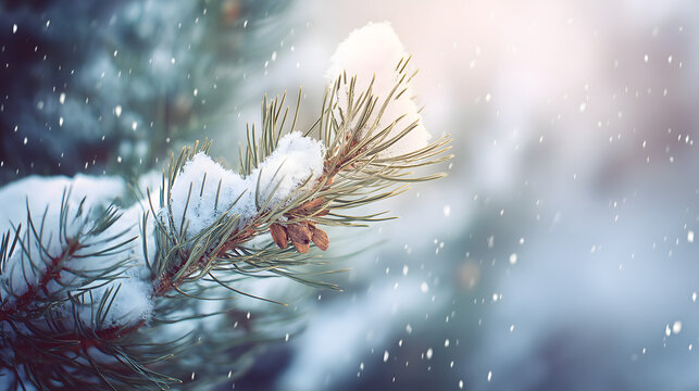 Stark unscharfer wei&szlig;er Winter-Hintergrund mit leuchtendem Glanz, Sonnenlicht, Schneeflocken und schneebedeckten Tannenzweigen &ndash; festliche Weihnachts- und Neujahrsstimmung mit viel Freiraum