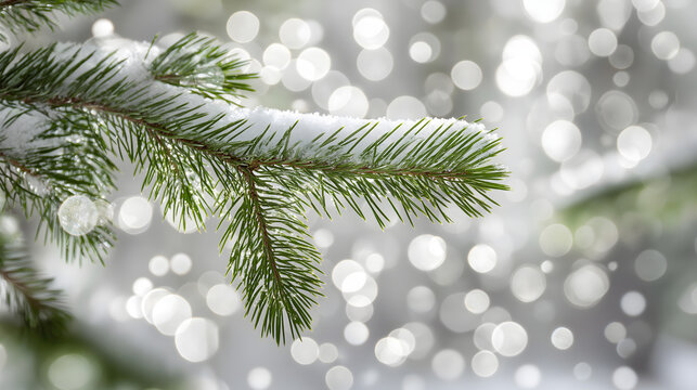Stark unscharfer wei&szlig;er Winter-Hintergrund mit leuchtendem Glanz, Sonnenlicht, Schneeflocken und schneebedeckten Tannenzweigen &ndash; festliche Weihnachts- und Neujahrsstimmung mit viel Freiraum