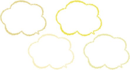 微妙に色が異なる黄色のクレヨンで描いた、雲の形の吹き出しセット。手描き風。