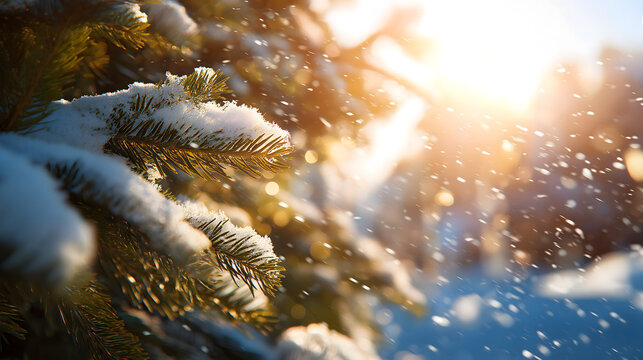 Stark unscharfer wei&szlig;er Winter-Hintergrund mit leuchtendem Glanz, Sonnenlicht, Schneeflocken und schneebedeckten Tannenzweigen &ndash; festliche Weihnachts- und Neujahrsstimmung mit viel Freiraum