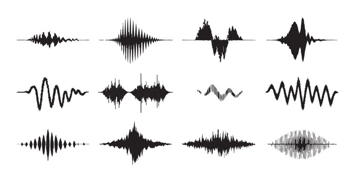 Collection of black abstract sound waves isolated on white background audio spectrum vector