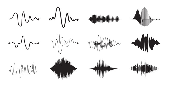 Set of audio player interfaces with black sound waves and playback controls modern design