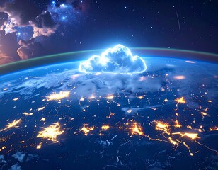 Earth at night, glowing cities, luminous cloud
