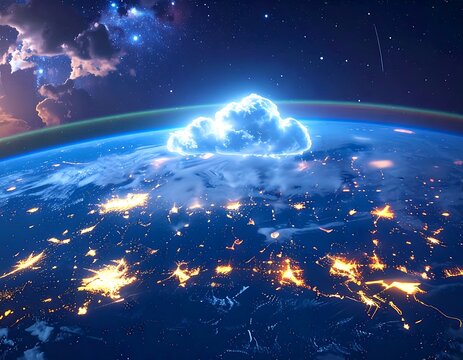 Earth at night, glowing cities, luminous cloud - Powered by Adobe