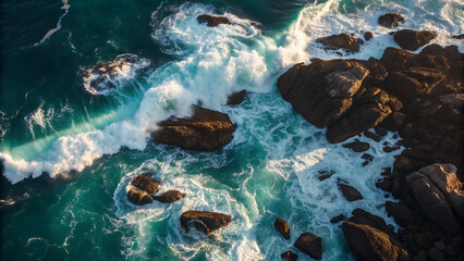 Aerial view of turquoise ocean waves crashing against dark coastal rocks