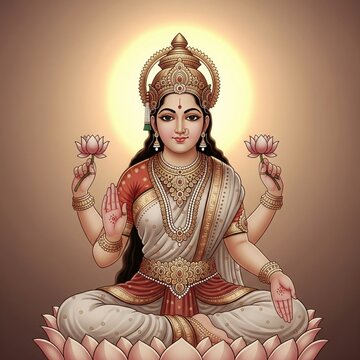 Goddess Lakshmi Seated Gracefully With Golden Divine Glow