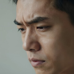 Fototapeta premium Moody cinematic close-up, young East Asian man, pensive — male mental health