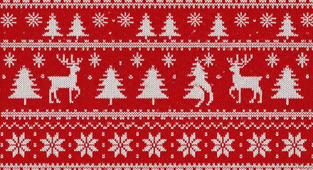 Festive holiday pattern with reindeer and snowflakes on red background