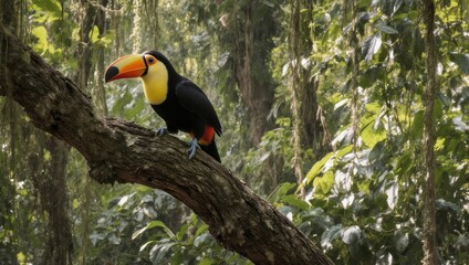Colorful toucan perched on a tree branch in a lush green forest environment.