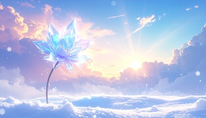 Stunning crystal lotus flower blooms in snowy landscape at sunrise