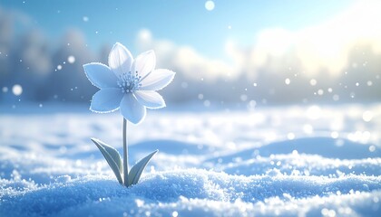 Frosty white flower blooms in snowy landscape with icy petals and leaves