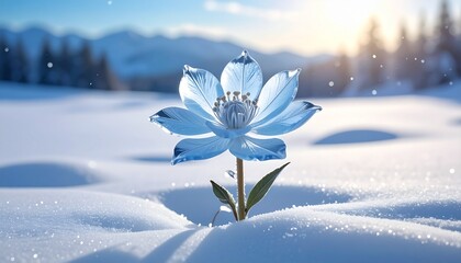 Delicate ice flower blooms in serene snowy landscape with mountains