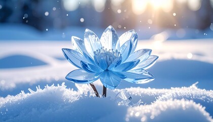 Stunning crystal lotus flower in snowy landscape with frosty details