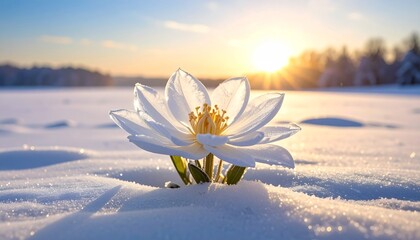 Snowy landscape with white flower at sunrise or sunset