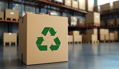 A cardboard box with a green recycling symbol, set in a warehouse filled with stacked boxes.