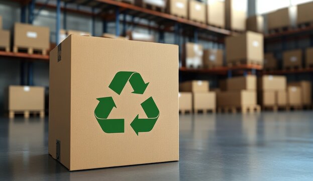 A cardboard box with a green recycling symbol, set in a warehouse filled with stacked boxes.