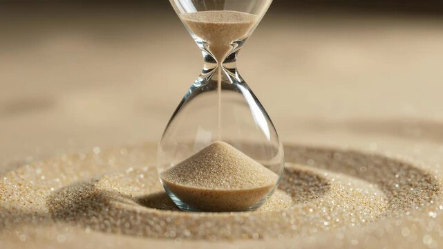 Close-up of golden sand trickling in a glass hourglass on a textured sandy surface, illustrating the passage of time concept and finite moments