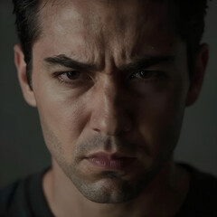 Fototapeta premium Low-key cinematic close-up of angry young Caucasian man — news/magazine hero image