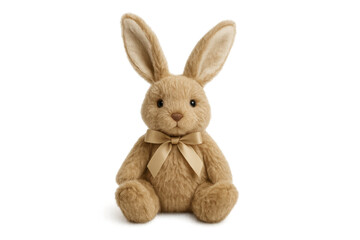 Obraz premium Brown plush bunny stuffed animal with a bow tie, sitting, soft and fluffy toy, isolated on transparent background