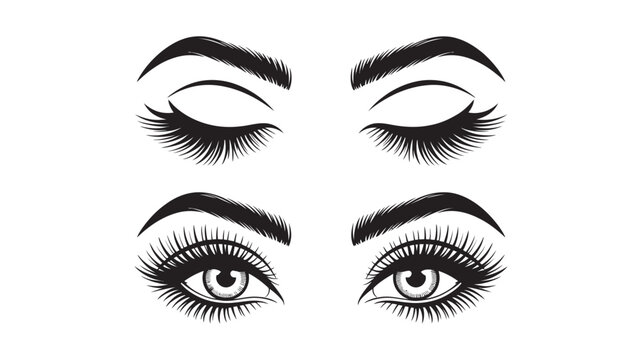 Stylized illustration of elegant female eyes featuring lush eyelashes and defined eyebrows