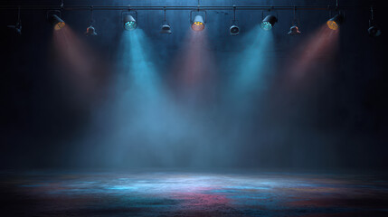 Fototapeta premium Stage lights illuminate a smoky performance area with blue and red spotlights casting vibrant colors on the floor of a dimly lit room in a theatrical setting.